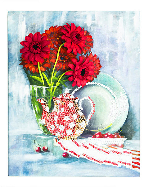 Мозаика из пайеток на холсте "Герберы" 30*40