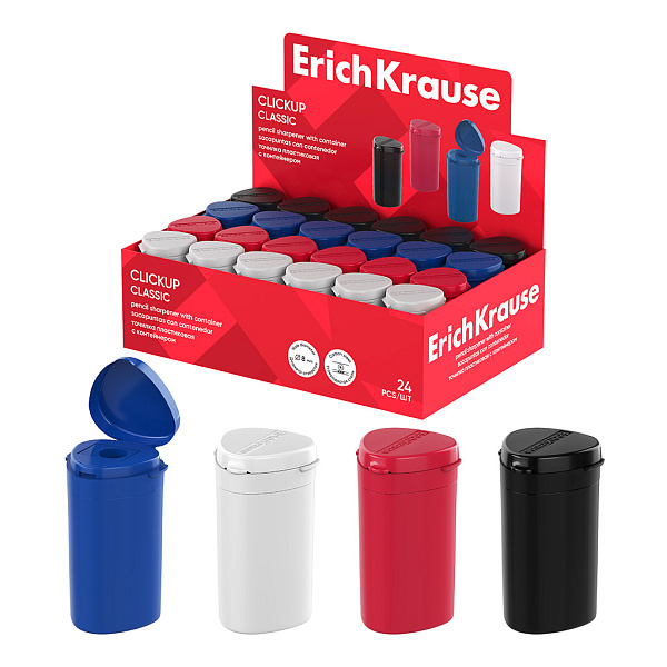 Точилка 1 отв. ErichKrause ClickUp, Classic, пластиковая, с контейнером, ассорти (в коробке-дисплее по 24 шт)