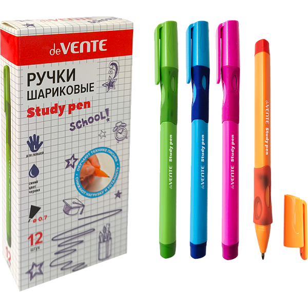 Ручка шариковая 0,7 мм "deVENTE. Study Pen. School" обучающая письму, для левшей, СИНЯЯ, с невентилируемым колпачком, ширина линии письма до 2 мм,с эргономичным каучуковым держателем, сменный стержень, с индивидуальной маркировкой,