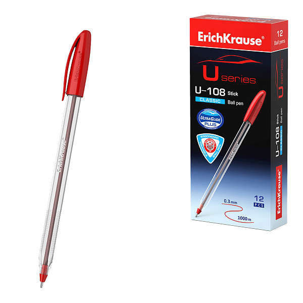 Ручка шариковая ErichKrause U-108 Stick Classic 1.0, Ultra Glide Technology, цвет чернил красный (в коробке по 12 шт.)