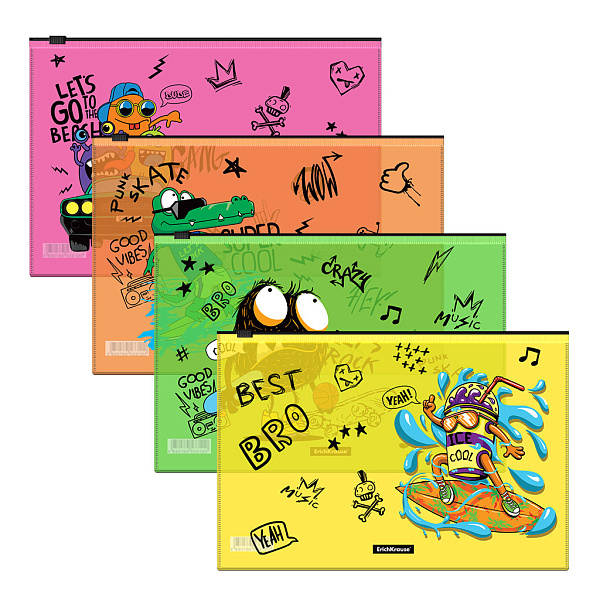 Папка на молнии В5 Zip-пакет ErichKrause® Funny Monsters, пластиковый, ассорти (в пакете по 12 шт.)