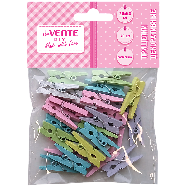 Прищепки декоративные "deVENTE. DIY Natural Wood" деревянные, размер 25x3 мм, 20 шт, пастельные цвета ассорти, в пластиковом пакете с блистерным подвесом