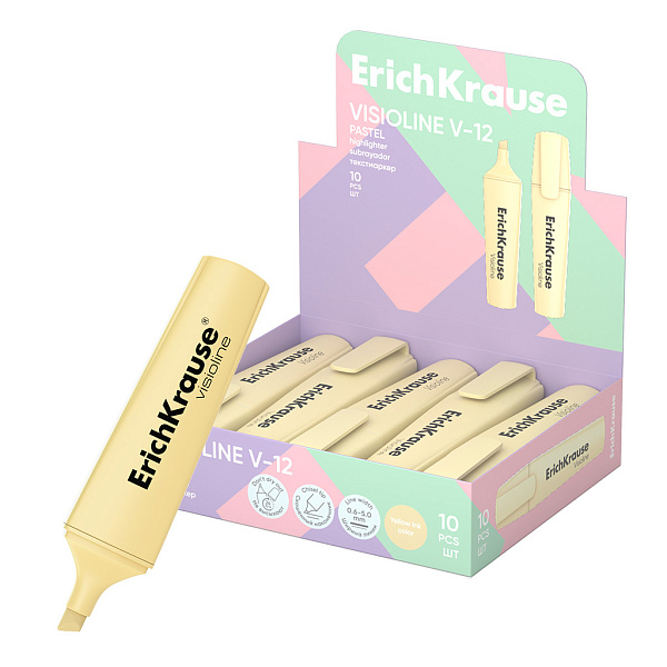 Маркер-текстовыделитель ErichKrause Visioline V-12 Pastel, желтый (в коробке-дисплее )