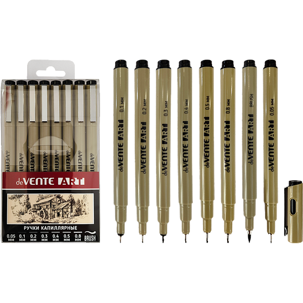 Набор ручек капиллярных "deVENTE. ART" 8 шт, d=0,05, 0,1, 0,2, 0,3, 0,4, 0,5, 0,8 мм и кистевидный, чернила - черные ПЕРМАНЕНТНЫЕ, круглый корпус, металлический клип, пишущий узел в металлической обойме (кроме кистевидного), в пластиковой коробке