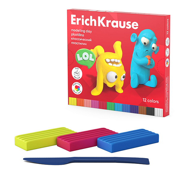 Пластилин 12 цв. ErichKrause Jolly Friends классический, со стеком, 216 г 