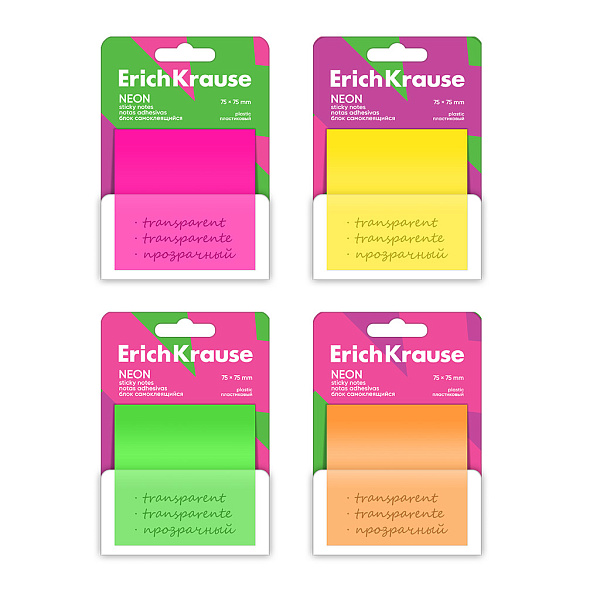 Бумага на л/п 75*75 50 л. ErichKrause Neon, пластиковый , ассорти
