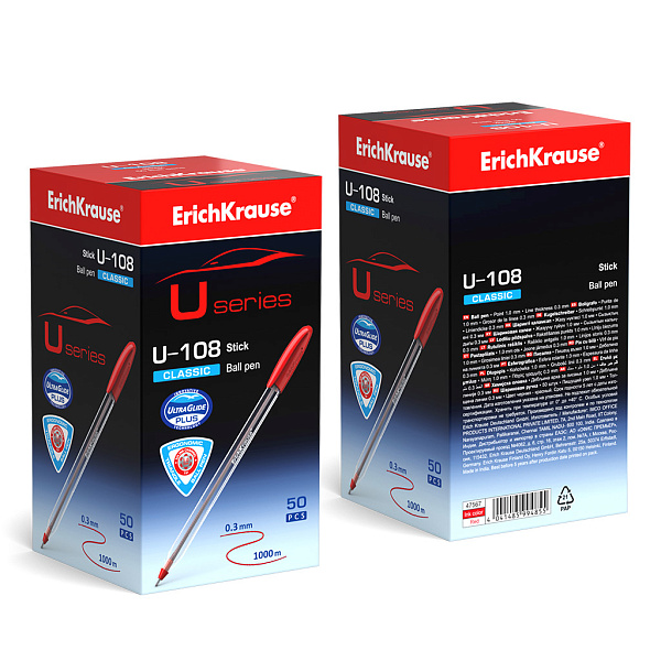 Ручка шариковая ErichKrause® U-108 Classic Stick 1.0, Ultra Glide Technology, цвет чернил красный (в коробке по 50 шт.)
