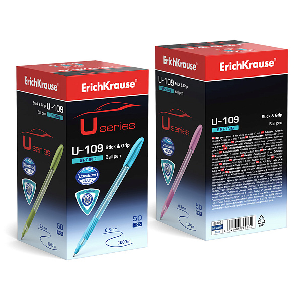 Ручка шариковая ErichKrause® U-109 Spring Stick&Grip 1.0, Ultra Glide Technology, цвет чернил синий (в коробке по 50 шт.)