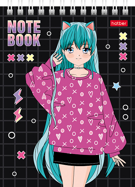 Блокнот А6 40 л. кл. на гребне "Неко-Тян_аниме" Обл. мел.картон УФ-лак