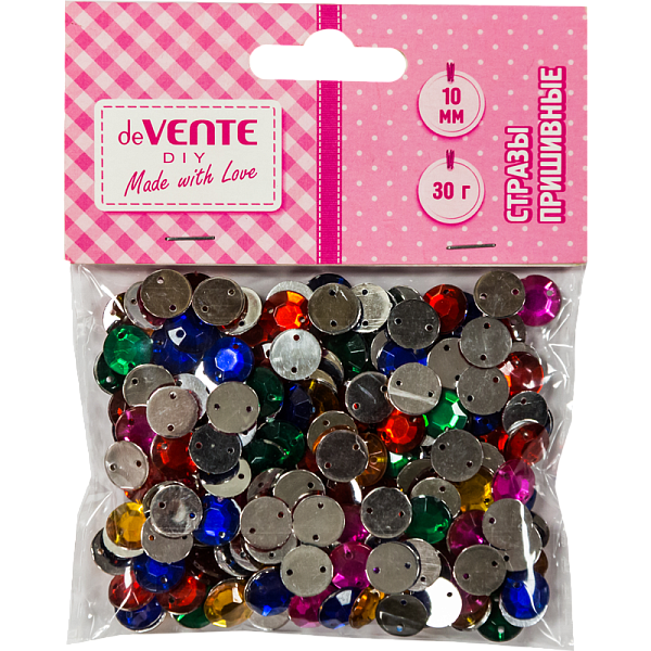 Стразы пришивные "deVENTE. Круглые"акриловые, 10 мм, 30 г, цвет ассорти в пластиковом пакете с блистерным подвесом