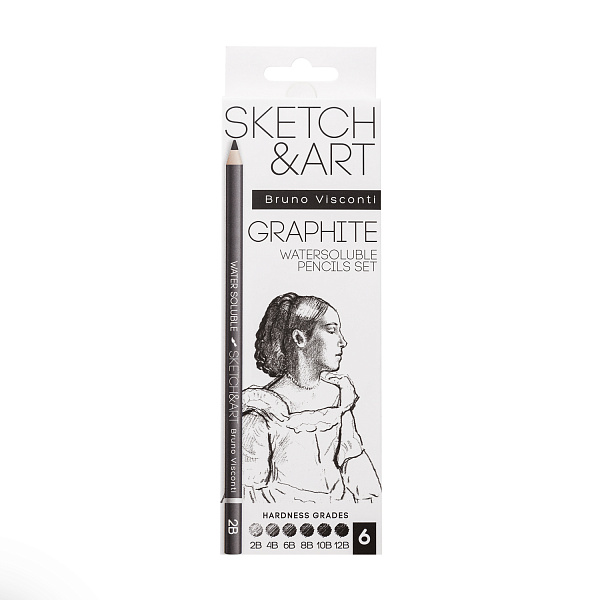 НАБОР КАРАНДАШЕЙ Ч/Г ВОДОРАСТВОРИМЫХ (АКВАРЕЛЬНЫХ) "SKETCH&ART"2B-4B-6B-8B-10B-12B, 6 шт