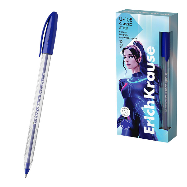 Ручка шариковая ErichKrause U-108 Stick Classic 1.0, Ultra Glide Technology, цвет чернил синий (в коробке по 12 шт.)