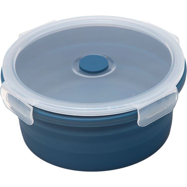 Ланчбокс складной герметичный "deVENTE" темно-синий, круглый, 1200 мл, диаметр 18 см, высота 8 см, в сложенном виде высота 2,5 см, силиконовый, с пластиковой крышкой, с отвестием вентиляции и силиконовой заглушкой