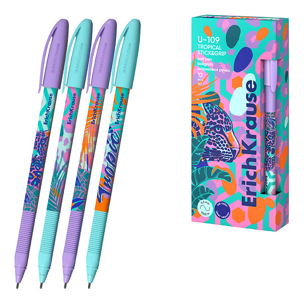 Ручка шариковая ErichKrause U-109 Stick&Grip Tropical 1.0, Ultra Glide Technology, СИНЯЯ (в коробке по 12 шт.)