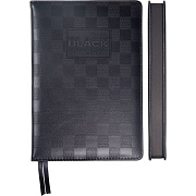 Ежедневник 2026 "deVENTE. TOTAL BLACK" A5 (145 ммx205 мм) 336 стр, черный паттерн в клетку, белая бумага 70 г/м² с черным срезом, печать в 2 краски, твердая обложка из искусственной кожи с поролоном, отстрочка, аппликация rubber patсh, черный форзац,