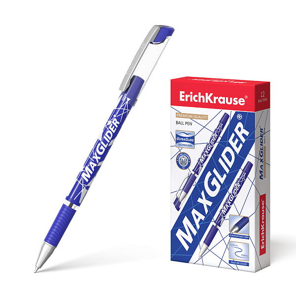 Ручка шариковая ErichKrause MaxGlider® Stick&Grip 0.7, Ultra Glide Technology, СИНЯЯ (в коробке по 12 шт.)