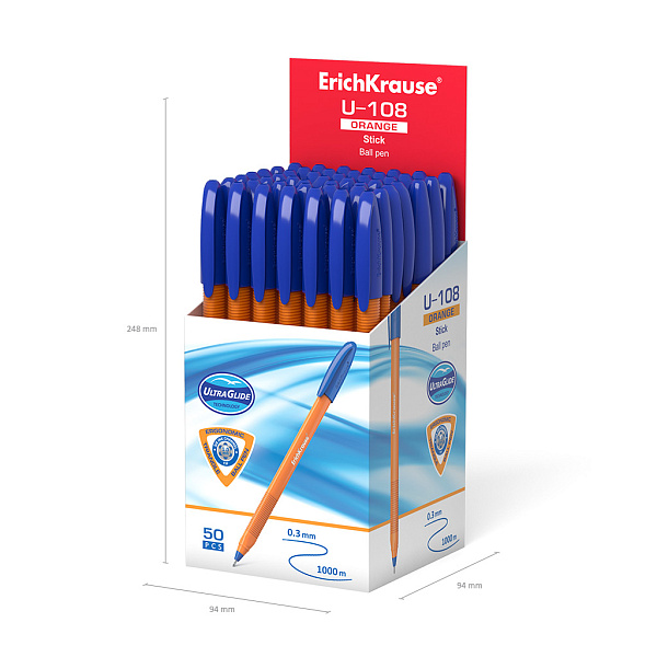 Ручка шариковая 1,0 мм ErichKrause® U-108 Orange Stick Ultra Glide Technology, цвет чернил синий (в коробке по 50 шт.)