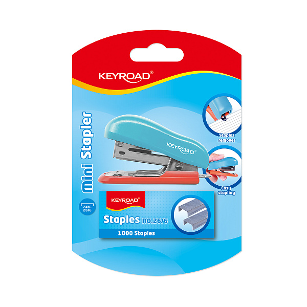 Степлер мини на 10 л. KEYROAD + скобы 26/6 1000шт, ассорти блистер
