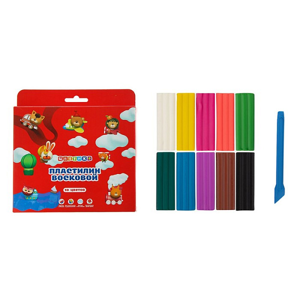 Пластилин 10 цв. восковой со стеклом "Цветик", 150г в карт.кор.