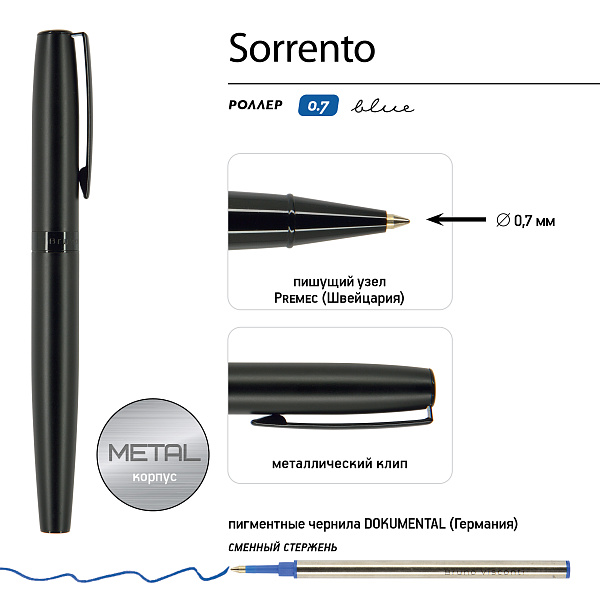 НАБОР "SORRENTO" Ручка шарик. 1.0 ММ И Роллер 0.7 ММ, СИНИЕ (корпус черн, футляр Premium черн)