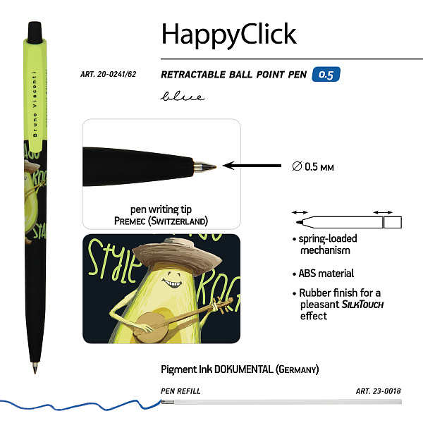 Ручка шариковая автомат.0,5 мм "HappyClick. Avocado style. Rock star" СИНЯЯ