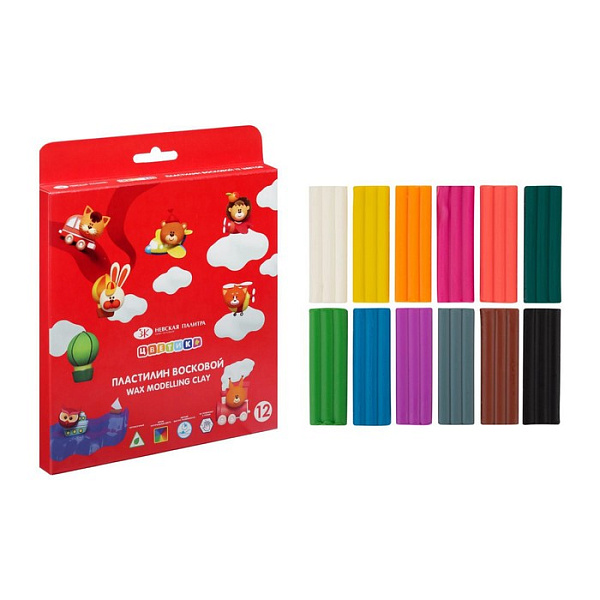 Пластилин 12 цв. восковой со стеклом "Цветик", 180г в карт.кор.