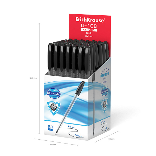Ручка шариковая ErichKrause® U-108 Classic Stick 1.0, Ultra Glide Technology, цвет чернил черный (в коробке по 50 шт.)