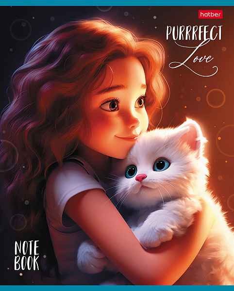Тетрадь 48 листов в клетку "Девочка и котик" 60-65г/кв.м на скобе Обл. мел.картон глянц. ламин. 5 диз.в блоке скругл.углы