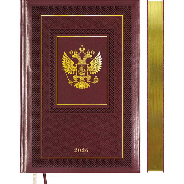 Ежедневник 2026 "deVENTE. Symbol" A5 (145 ммx205 мм) 336 стр, бордовый, кремовая бумага 70 г/м² с золотым срезом, печать в 2 краски, твердая обложка из искусственной кожи с поролоном, термо тиснение, тиснение фольгой, французский корешок, перфорация,