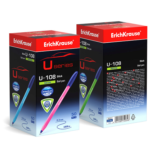 Ручка шариковая ErichKrause U-108 Stick Neon 1.0, Ultra Glide Technology, СИНЯЯ (в коробке по 50 шт.)