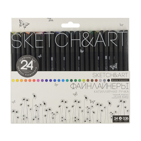 Набор скетч линеров 0.36мм 24 цв. SKETCH&ART. BLACK EDITION,