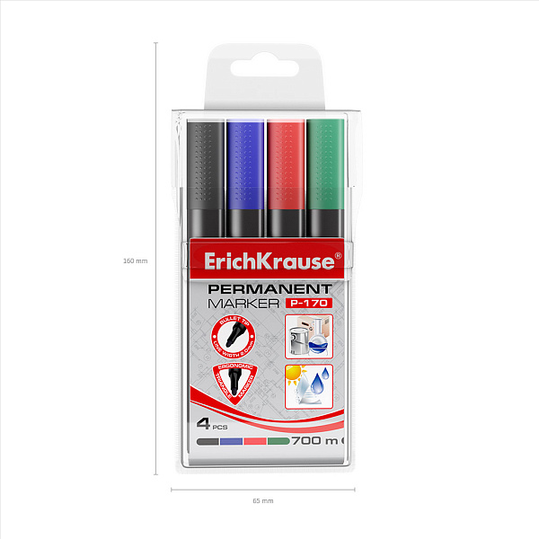 Набор из 4 перманентных маркеров ErichKrause P-170, цвет чернил: черный, синий, красный, зеленый (в пвх-воллете)
