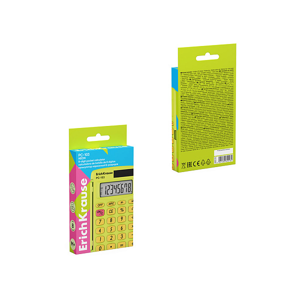 Калькулятор карманный 8-разр. ErichKrause PC-103 Neon, желтый (в коробке по 1 шт.)