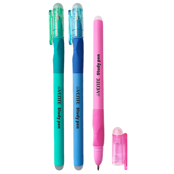 Ручка гелевая 0,7 мм стираемая "deVENTE. Study Pen. School" СИНЯЯ, корпус ассорти 3 цвета с покрытием Velvet Touch, с эргономичным каучуковым держателем, с 2-мя ластиками (в колпачке и на конце корпуса) сменный стержень, индивидуальная маркировка