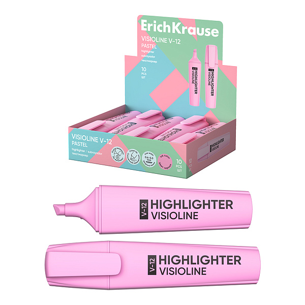 Маркер-текстовыделитель ErichKrause Visioline V-12 Pastel, цвет чернил розовый (в коробке-дисплее по 10 шт.)
