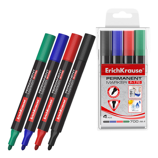 Набор из 4 перманентных маркеров ErichKrause P-170, цвет чернил: черный, синий, красный, зеленый (в пвх-воллете)