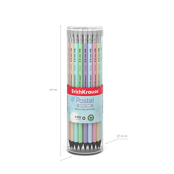 Карандаш ч/г HB ErichKrause JOY® Pastel, пластиковый  круглый, с ластиком, (в тубусе)