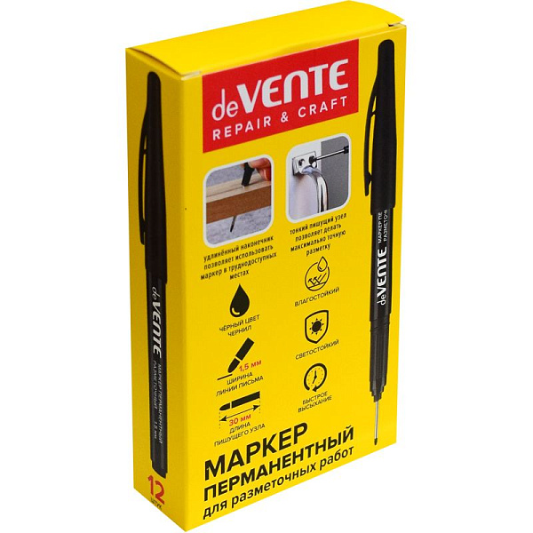 Маркер перм. 1,5 мм "deVENTE. REPAIR & CRAFT. Long Tip" черный, для разметочных работ, круглый пластиковый корпус, с клипом, пулевидный наконечник, длина наконечника 30 mm,