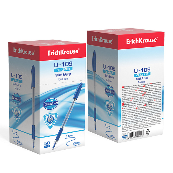 Ручка шариковая ErichKrause® U-109 Classic Stick&Grip 1.0, Ultra Glide Technology, цвет чернил синий (в коробке по 50 шт.)