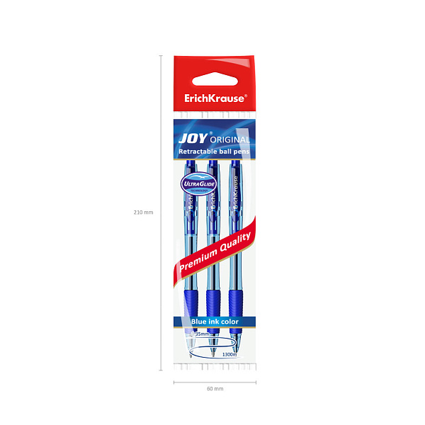 Ручка шариковая автомат. ErichKrause®  СИНЯЯ,(в пакете 3 шт)  JOY® Original, Ultra Glide Technology,