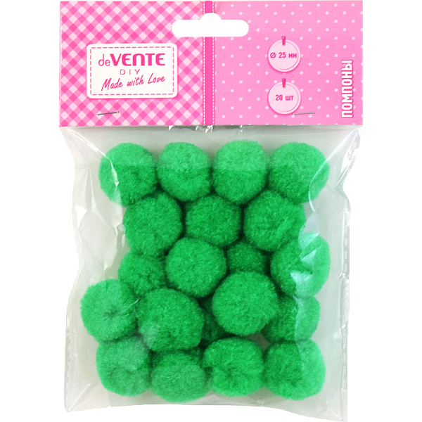 Набор помпонов для творчества "deVENTE" 25 мм, 20 шт, цвет зеленый, в пластиковом пакете с блистерным подвесом