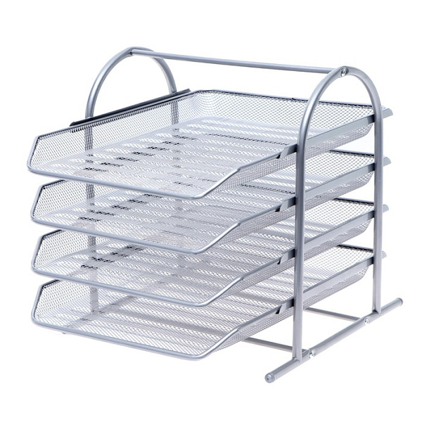 Лоток горизонтальный для бумаг INDEX, 4 отделения, сетка, металл, 350*335*290, серый