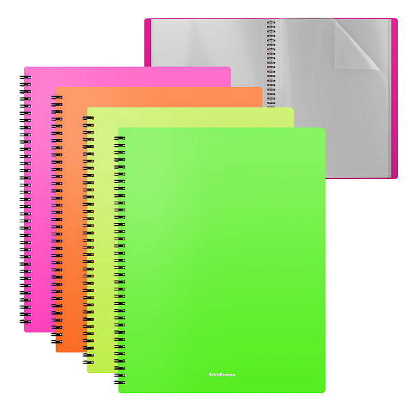 Папка файловая пластиковая на спирали ErichKrause® Matt Neon, с 40 прозрачными карманами, A4, ассорти (в пакете по 4 шт.)