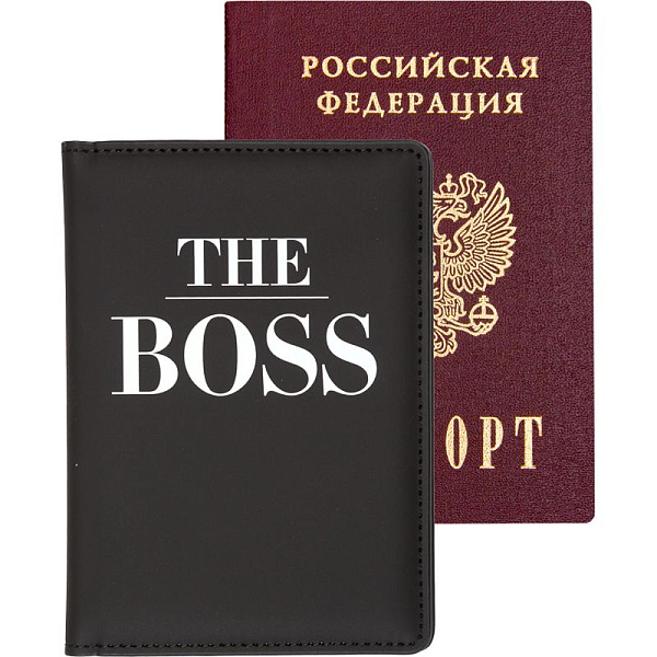 Обложка д/паспорта "deVENTE. The BOSS" 10x14 см, искусственная кожа, поролон, шелкография, отстрочка, 3 отделения для визиток, в пластиковом пакете с европодвесом