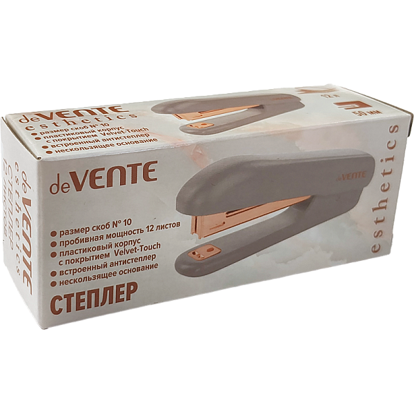 Степлер на 12 л. №10 "deVENTE. Esthetics" (глубина скрепления 50 мм) лавандово-пепельный, пластиковый, c покрытием Velvet Touch, со встроенным антистеплером, в картонной коробке, металлические детали цвета розового золота
