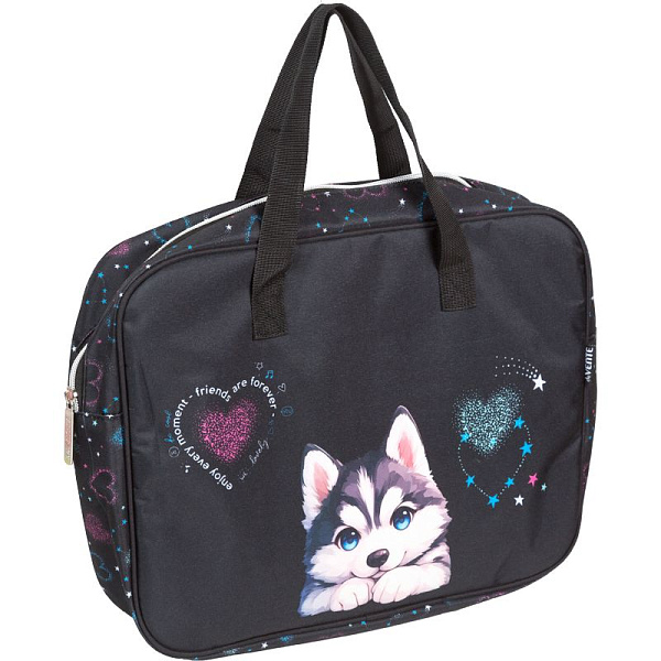 Папка для тетрадей, ИЗО и технологии "deVENTE. Cute Husky" A4 с расширением 8 см, с ручками, плотный износостойкий полиэстер с водоотталкивающей пропиткой, с каучуковой аппликацией, на молнии сверху, каучуковая аппликация, с внутренним карманом, с по