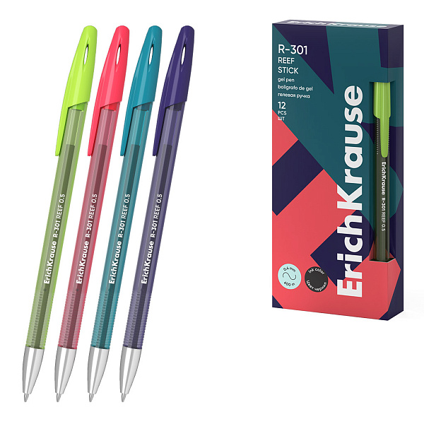 Ручка гелевая ErichKrause R-301 Gel Stick Reef 0.5, цвет чернил черный (в коробке по 12 штук)
