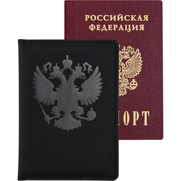Обложка д/паспорта "deVENTE. Герб" 10x14 см, искусственная кожа, поролон, термо тиснение, отстрочка, 3 отделения для визиток, в пластиковом пакете с европодвесом, черный