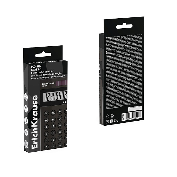 Калькулятор карманный 8-разр. ErichKrause PC-987 Classic, черный (в коробке по 1 шт.)