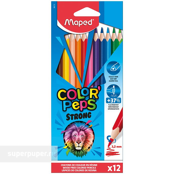 Карандаши 12 цв. Maped COLOR'PEPS STRONG, пластиковые, к/кор. 